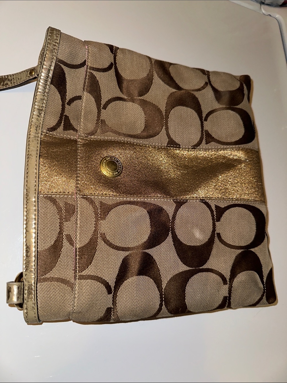 Coach Brown Signature Metallic Accent Wristlet Pouch